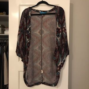 burgundy, blue, gray printed cape/cardigan